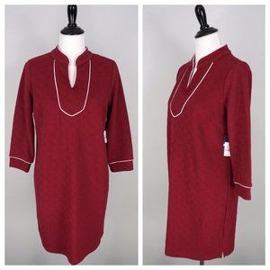 CROWN & IVY Red White V-Neck 3/4 Sleeve Stretch Shift Dress Size Small